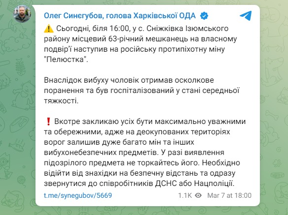 Скріншот із Телеграм Олега Синегубова