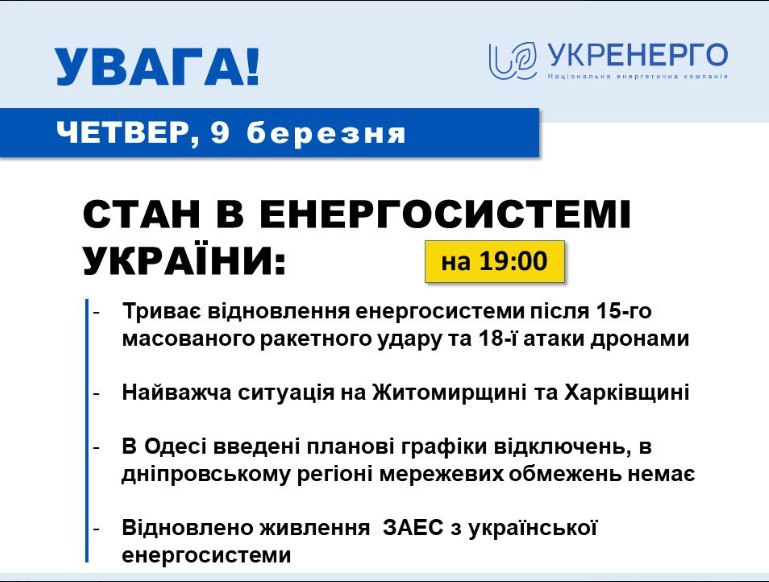 Ситуация в энергосистеме Украины 9 марта