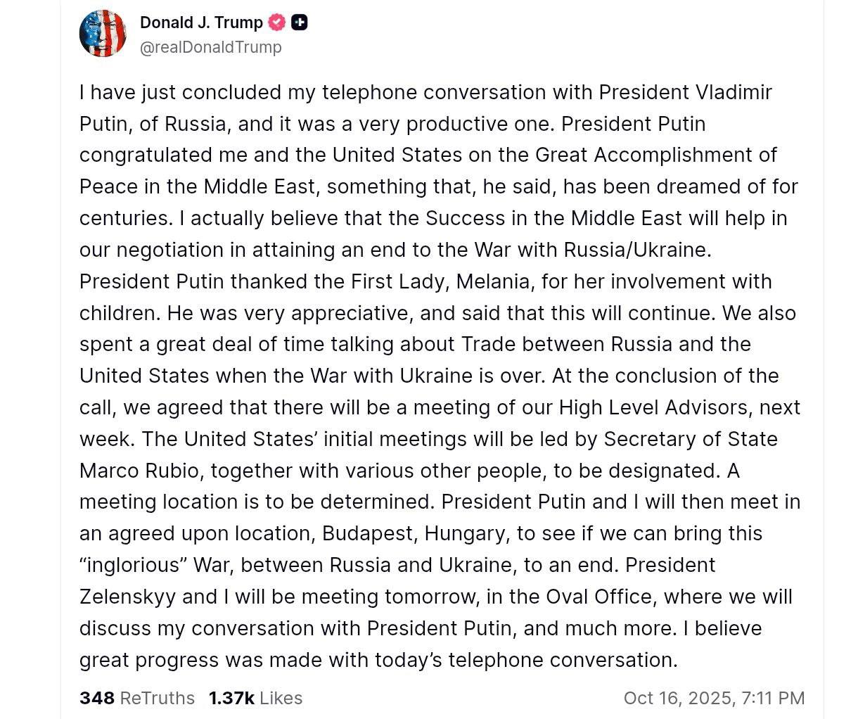 Трамп та Путін поговорили по телефону TruthSocial