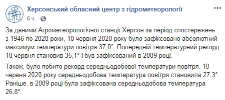В Херсонской области побиты температурные рекорды. Скриншот Фейбсука Херсонський обласний центр з гідрометеорології