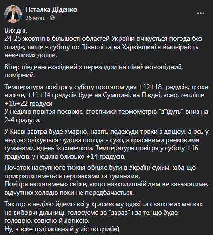 Карта погоды на выходные. Скриншот фейсбук-страницы Натальи Диденко