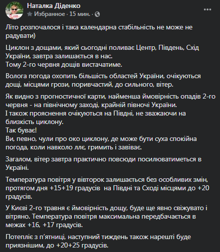 Погода в Украине 2 июня. Скриншот поста Диденко