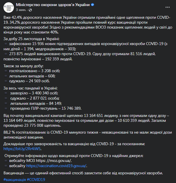 Коронавирус в Украине 26 ноября. Скриншот сообщения