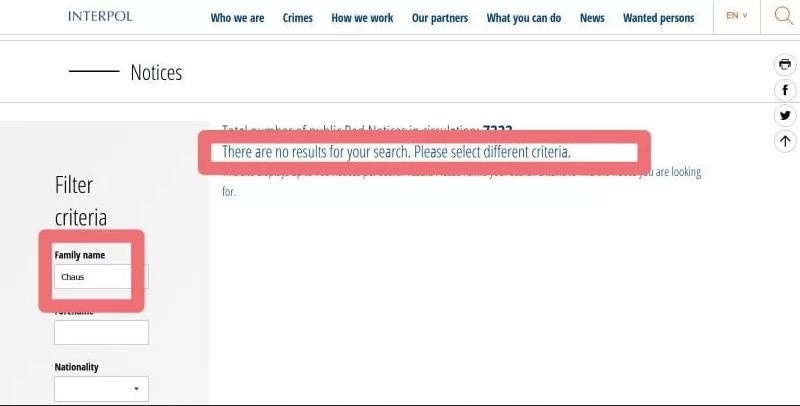 Судья Николай Чаус больше не разыскивается Интерполом. Скриншот: interpol.int