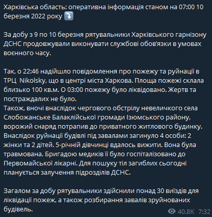 Харьков - ночью 10 марта обстреляли Никольский