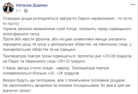 Прогноз погоды в Украине на 24 июля. Скриншот: Facebook/ Наталья Диденко