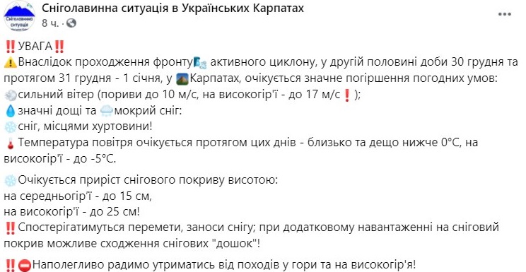 <p>Украинцев предупредили о высокой вероятности схода лавин в карпатских горах, которая сохранится с 30 декабря по первое января.&nbsp;</p> <p>Об этом в Facebook сообщает группа Снеголавинная ситуация в украинских Карпатах.</p> <p>"Внимание! В результате прохождения фронта активного циклона, во второй половине дня 30 декабря и в течение 31 декабря - 1 января, в Карпатах ожидается значительное ухудшение погодных условий: сильный ветер (порывы до 10 м / с, на высокогорье - до 17 м / с); значительные дожди и мокрый снег, местами метель!", - указано в сообщении.</p> <p><img src="/img/forall/u/11/58/134900394_861419871326269_1309713502552772633_o.jpg" alt="Прогноз лавин в Карпатах" width="1089" height="835" /></p> <p>Температура воздуха ожидается в течение этих дней - около и несколько ниже 0 градусов, на высокогорье - до -5 градусов С. Прирост снежного покрова составит на среднегорье - до 15 см, на высокогорье - до 25 см. Также в прогнозах небольшие метели, что вкупе может вызвать схождение снежных "досок" (один из&nbsp; опаснейших типов лавин).&nbsp;</p> <p><img src="/img/forall/u/11/58/133896545_861419884659601_8100428208808131375_o.jpg" alt="Прогноз лавин в Карпатах" width="1089" height="835" /></p> <p><img src="/img/forall/u/11/58/133877766_861419897992933_5078342024627325992_o.jpg" alt="Прогноз лавин в Карпатах" width="1089" height="835" /></p> <p>Поэтому украинцам настоятельно рекомендуют воздержаться от походов в горы и на высокогорье!</p> <p><img src="/img/forall/u/11/58/photo5433688870383366525.jpg" /></p> <p>Напомним, в&nbsp;результате схода лавины&nbsp;на севере Ирана 25 декабря <a href="/news/308945-v-irane-posle-laviny-umerlo-9-alpinistov.html">скончались десять альпинистов</a>.</p> <p>Как сообщала "Страна",&nbsp;<a href="/news/253801-pjatero-turistov-i-politsejskij-pohibli-pod-snezhnymi-lavinami-v-alpakh.html">шесть человек погибли&nbsp;в австрийских Альпах&nbsp;в результате схождения лавин</a>. Среди погибших - пятеро туристов из Чехии (двое мужчин и три женщины), несчастье с которыми произошло в&nbsp;горном регионе Дахштайн, примерно в 80 км к юго-востоку от Зальцбурга.</p>