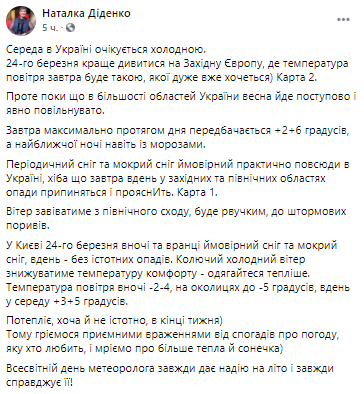 Прогноз погоды в Украине в среду. Скриншот из фейсбука синоптика Наталь Диденко