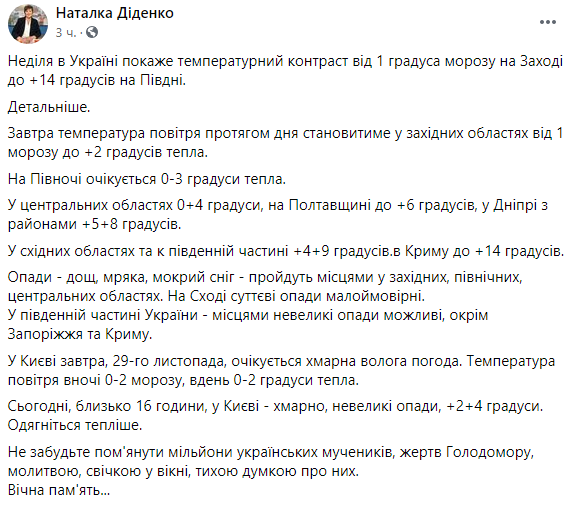 На Западе +1 градус, на Юге до +14. Прогноз погоды на воскресенье, 29 ноября. Скриншот: Наталья Диденко