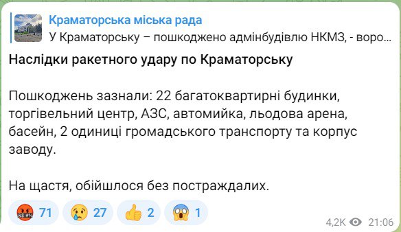 Последствия удара по Краматорску