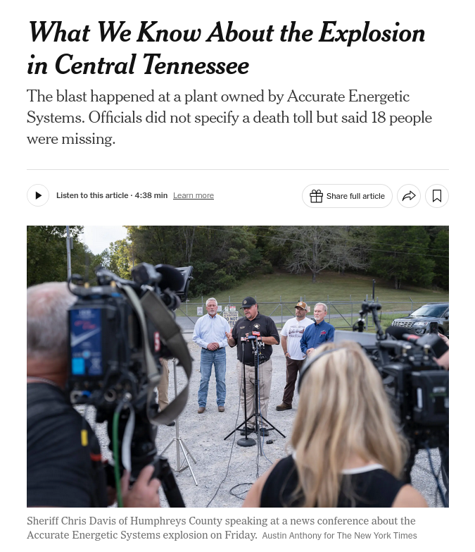 Знімок заголовка на nytimes.com - що відомо про вибух військового заводу у США