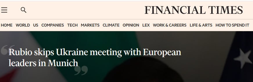 Снимок заголовка на ft.com &ndash; Марко Рубио отменил встречу с европейскими лидерами по вопросам остановки войны в Украине