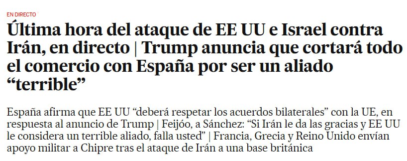 Снимок заголовка на elpais.com &ndash; Испания ответила США на угрозу прекратить торговлю из-за войны с Ираном