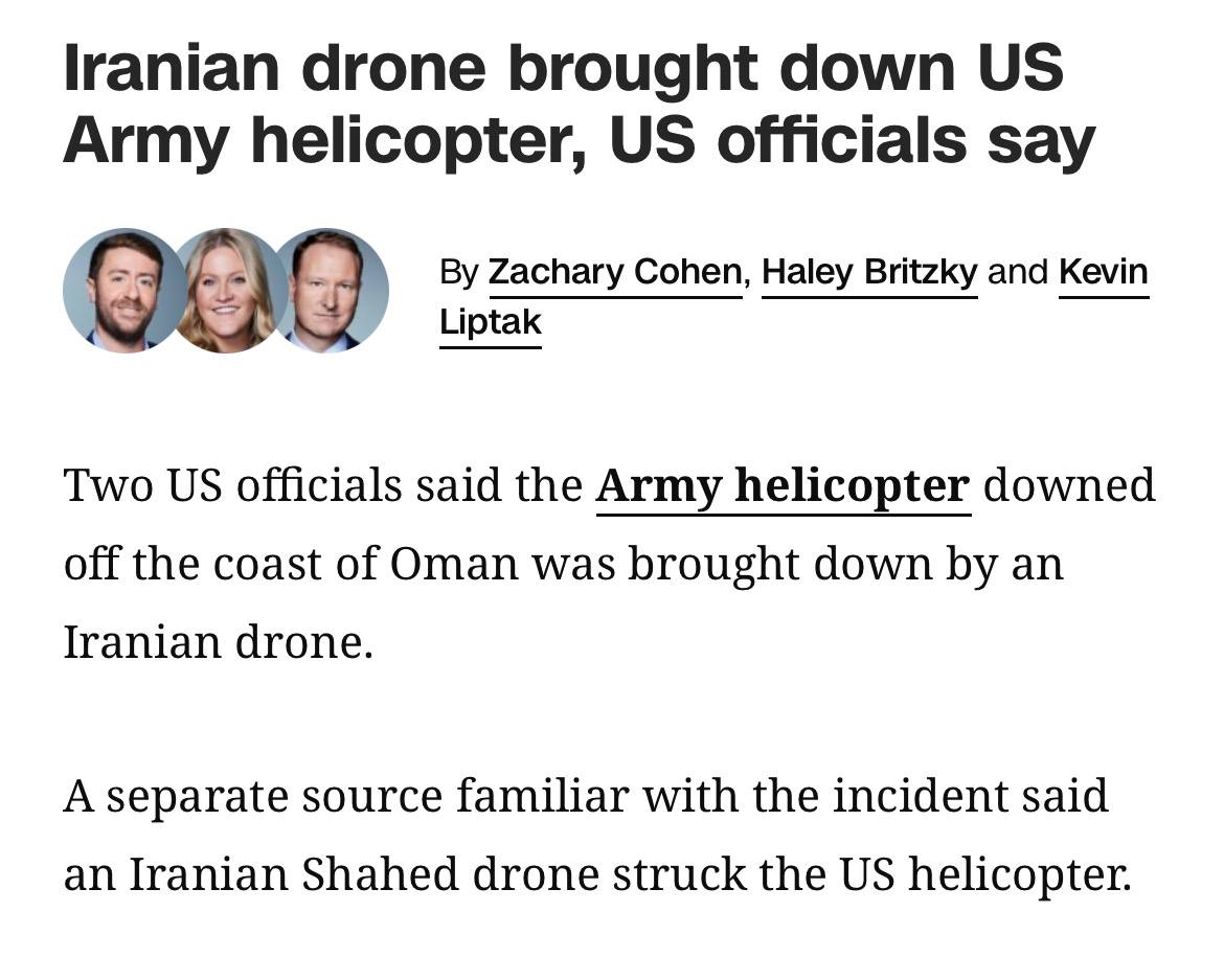 Снимок заголовка на edition.cnn.com – Иран сбил вертолёт США у берегов Омана