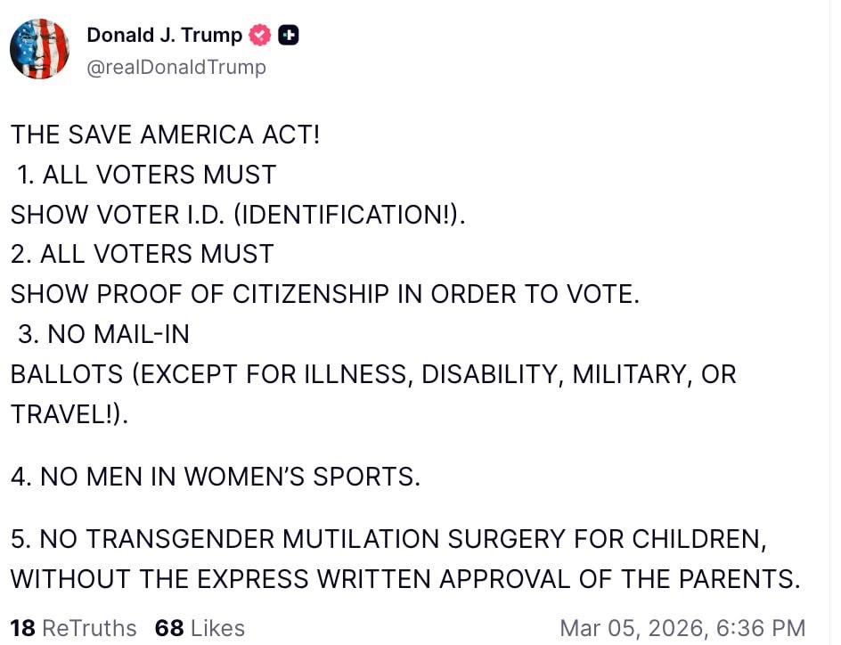 Знімок повідомлення на truthsocial.com &ndash; Трамп хоче скасувати голосування поштою та заборонити зміну статі дітьми