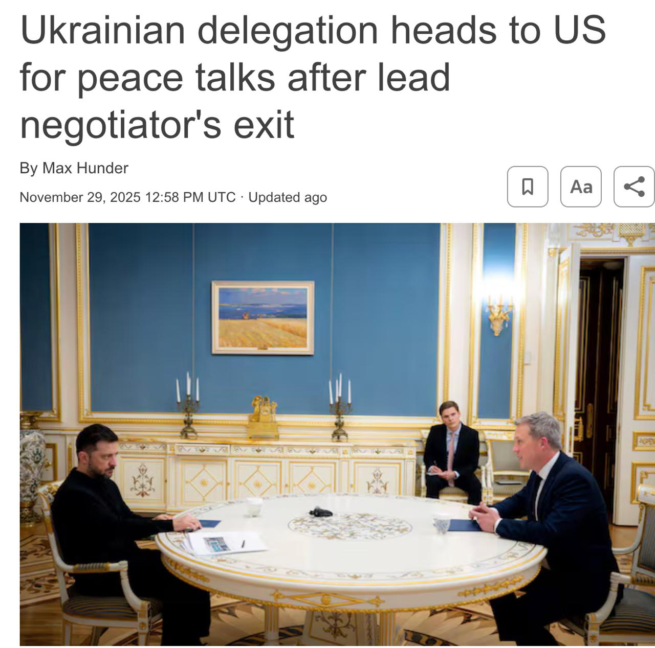 Снимок заголовка на reuters.com - США примет делегацию Украины для дальнейших переговоров об остановке войны с РФ