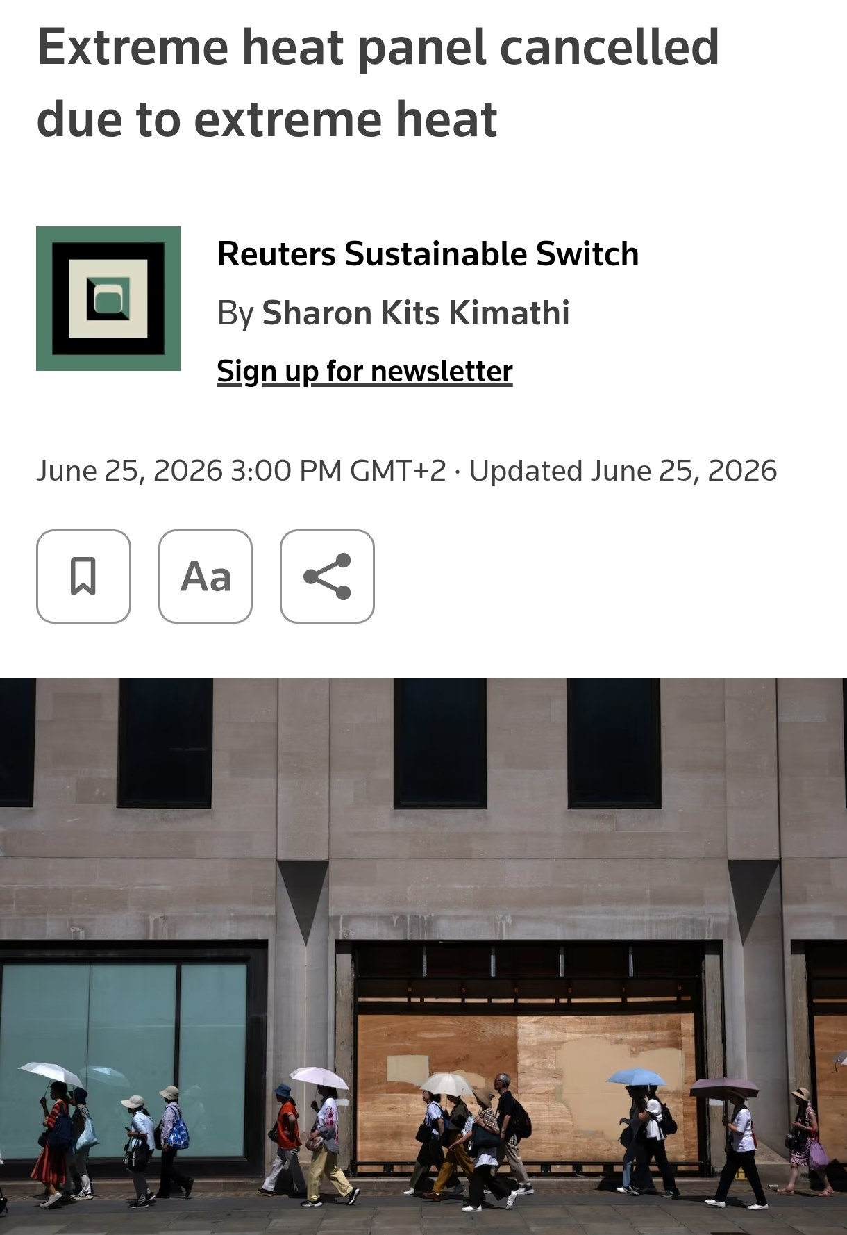 Знімок заголовка на reuters.com &ndash; У Лондоні скасували конференцію зі спеки через спеку