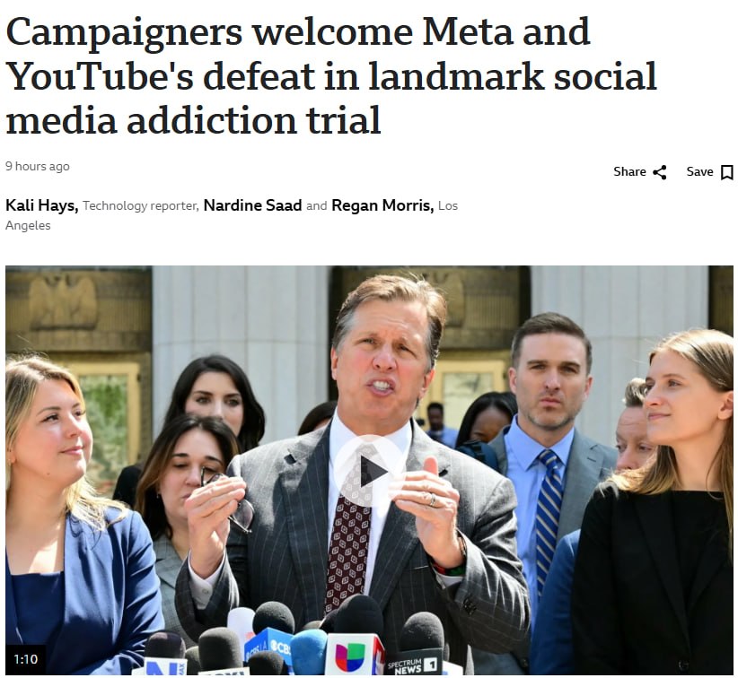 Снимок заголовка на bbc.com – присяжные США признали Meta и Google виновными в нанесении вреда ребёнку