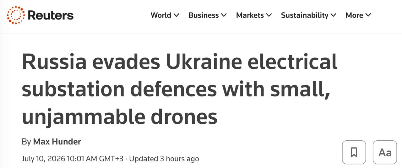 Снимок заголовка на reuters.com &ndash; Россия отделяет Сумскую область от энергосистемы Украины