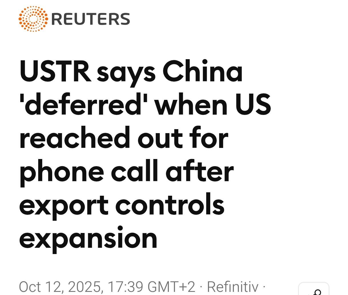Снимок заголовка на reuters.com - Китай отказался от переговоров с США по торговле