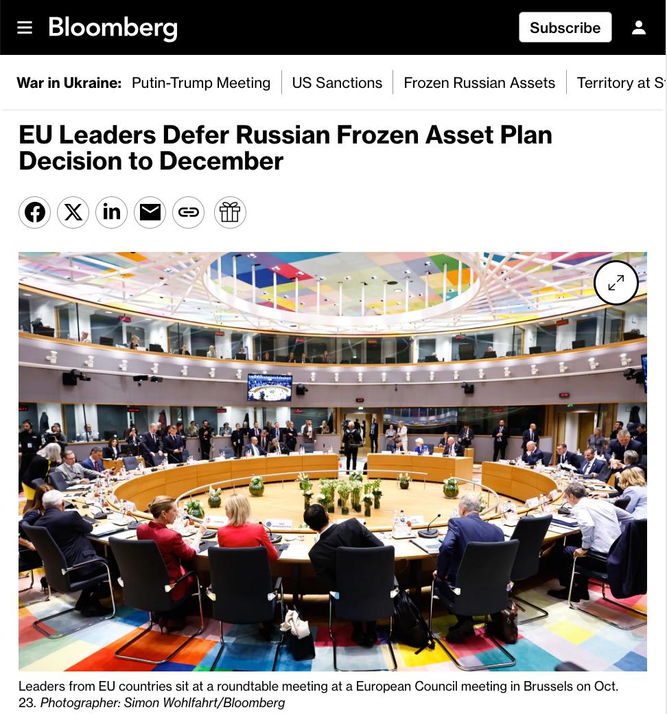 Снимок заголовка на bloomberg.com - Евросоюз отложил рассмотрение выдачи репарационного кредита Украине