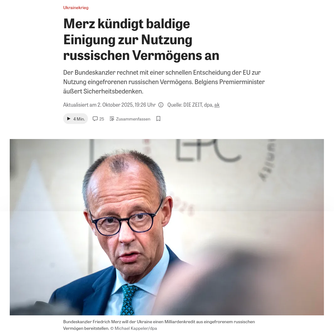 Знімок заголовка на zeit.de/politik/ausland/2025-10/friedrich-merz-einigung-eu-russisches-vermoegen-kredit-ukraine