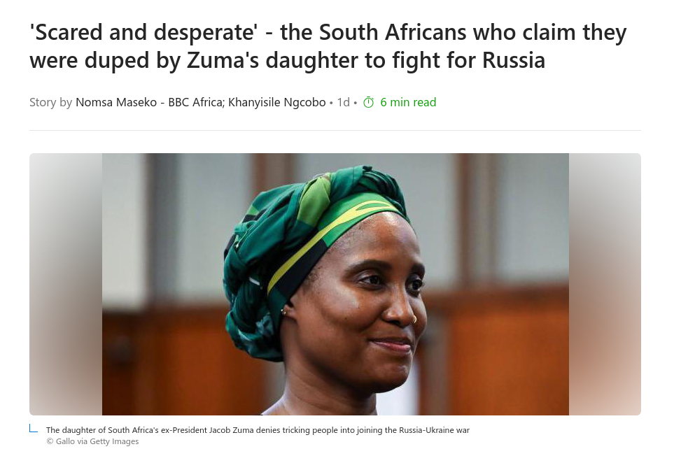 Снимок заголовка на msn.com - в ЮАР вербовали африканцев на войну с Украиной на стороне России 