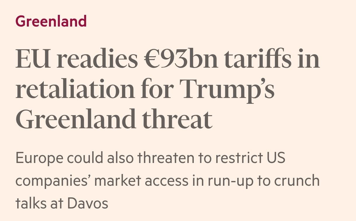 Знімок заголовка на ft.com - Євросоюз мита проти США на &euro;93 млрд через Гренландію
