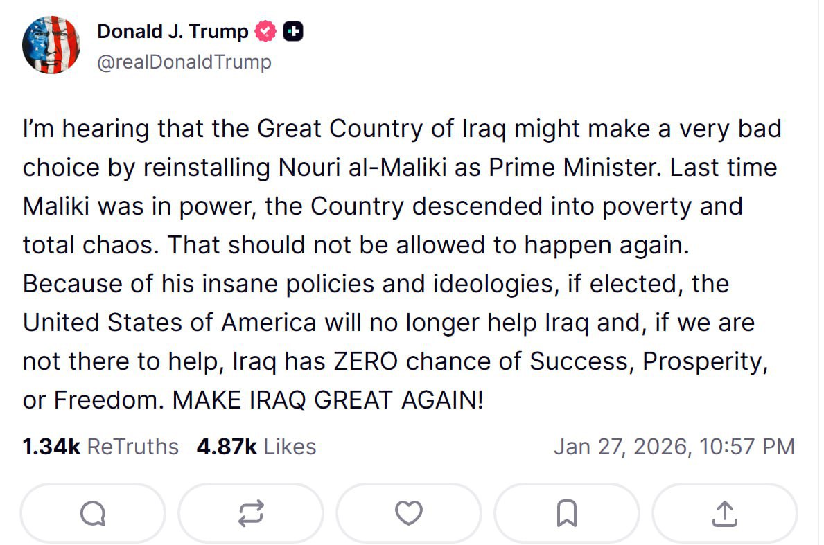 Снимок сообщени на truthsocial.com - Трамп выставил условие для помощи США Ираку