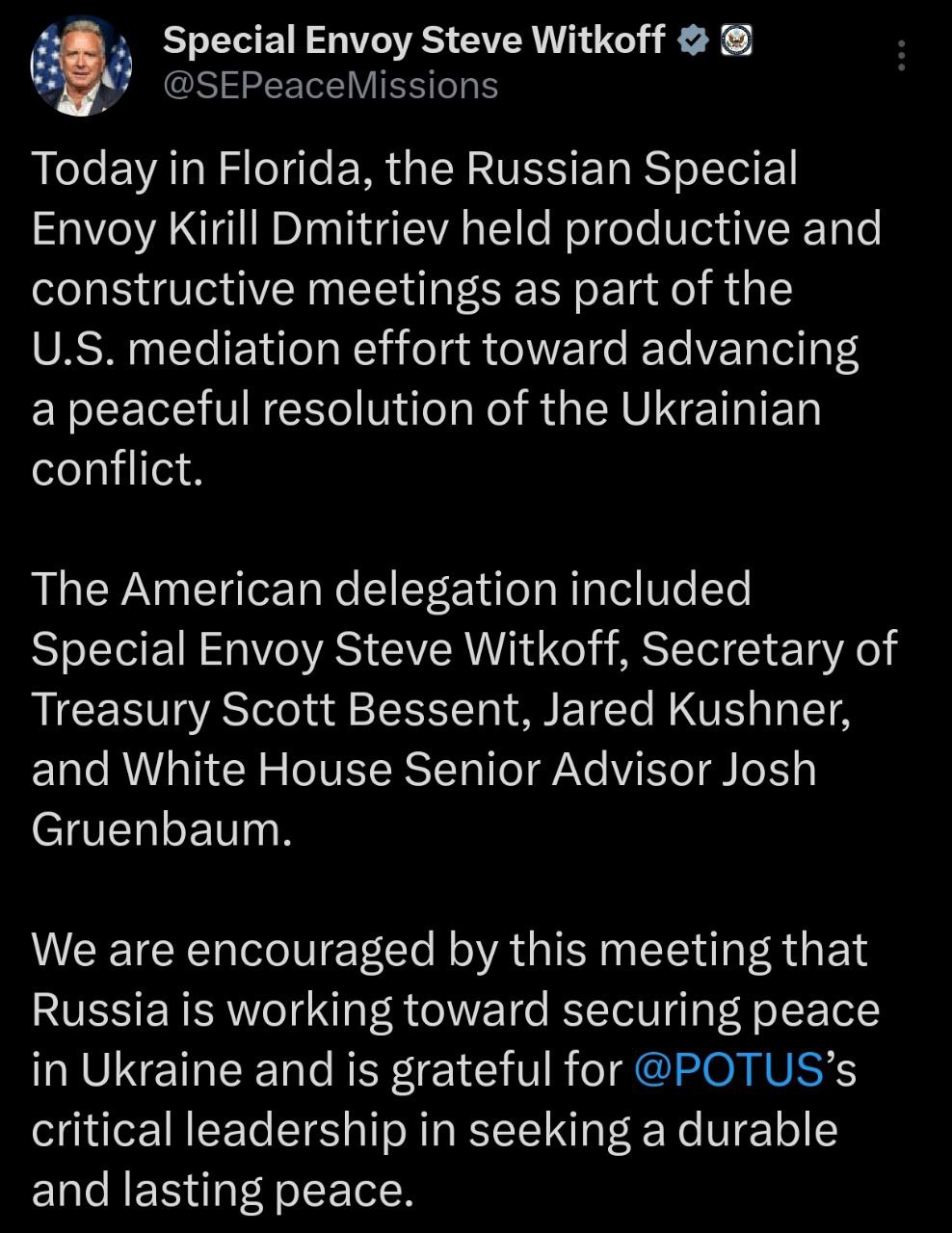 Знімок повідомлення в Х - Уїткофф заявив про продуктивні та конструктивні переговори з Кирилом Дмитрієвим