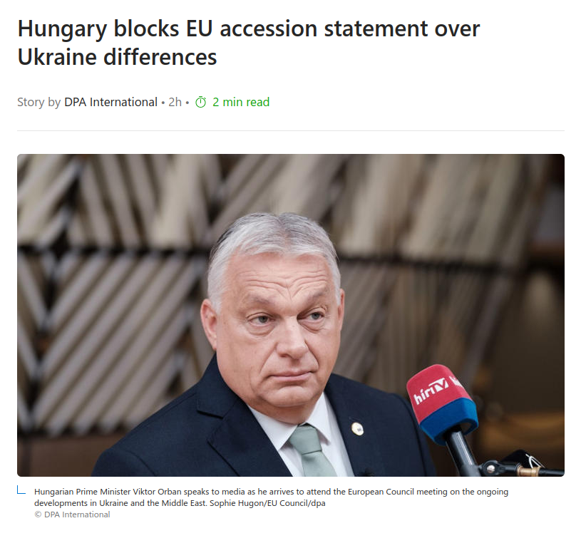 Звіт заголовка на msn.com - Вето Угорщини блокує переговори України про вступ до Євросоюзу